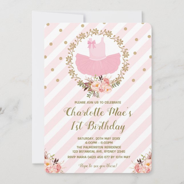Tutu Ballerina Ballet Birthday Inbjudan Rosa & Gul (Framsida)