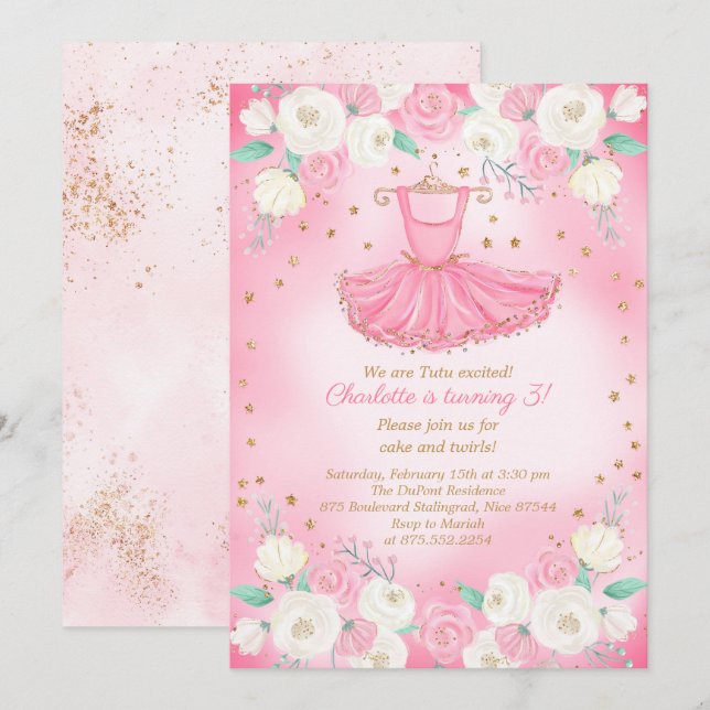 Tutu Ballerina Dress Glitter Birthday Inbjudningar (Fram/baksida)