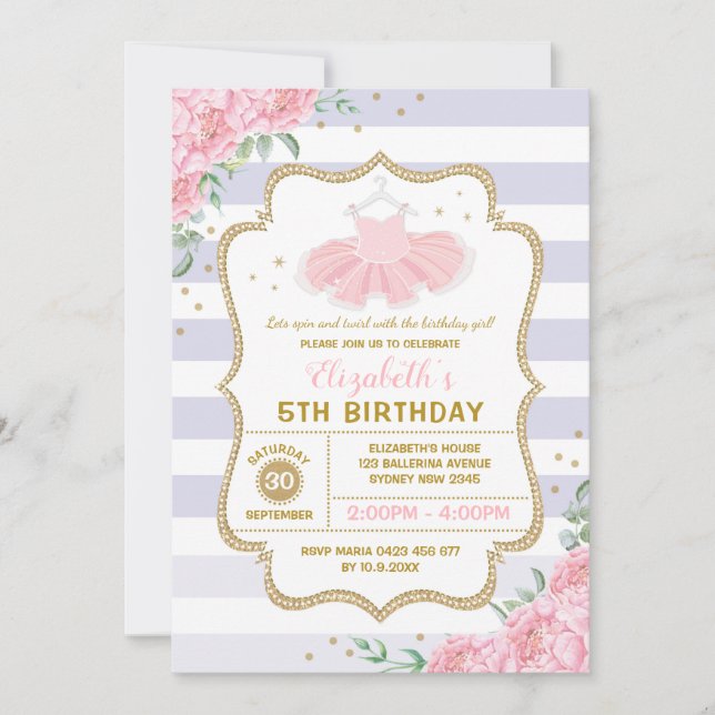 Tutu Ballerina Lila Rosa Guld Blommigt Birthday Inbjudningar (Framsida)