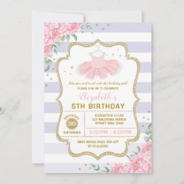 Tutu Ballerina Lila Rosa Guld Blommigt Birthday Inbjudningar
