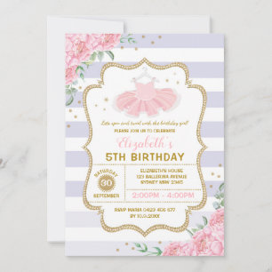 Tutu Ballerina Lila Rosa Guld Blommigt Birthday Inbjudningar