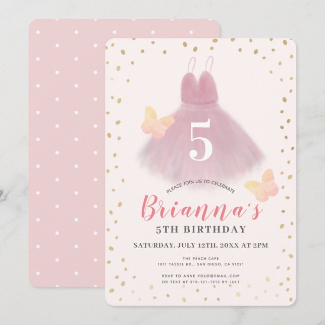 Tutu Ballerina Rosa & Guld Girl Birthday Inbjudningar (Fram/baksida)