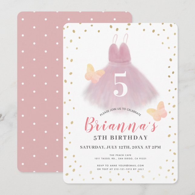 Tutu Ballerina Rosa & White Girl Birthday Inbjudningar (Fram/baksida)