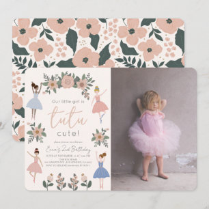 Tutu Cute Ballerina Blommigt Girl Photo 2nd Birthd Inbjudningar