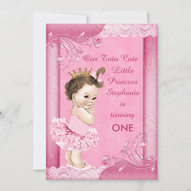 Tutu Cute Brunette Princess 1:a födelsedagen Faux  Inbjudningar (Framsida)