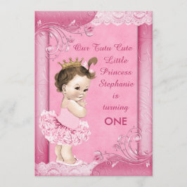 Tutu Cute Brunette Princess 1:a födelsedagen Faux  Inbjudningar