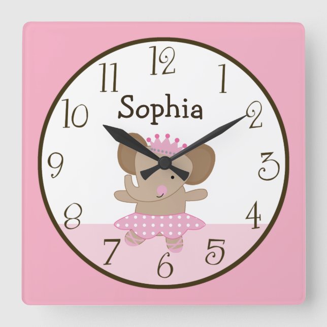 Tutu Cute/Elephant Ballerina Barn Baby Clock Fyrkantig Klocka (Framsida)