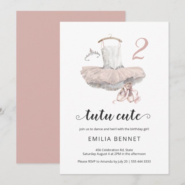Tutu Cute Minimalist Ballerina Rosa 2:a födelsedag Inbjudningar (Fram/baksida)