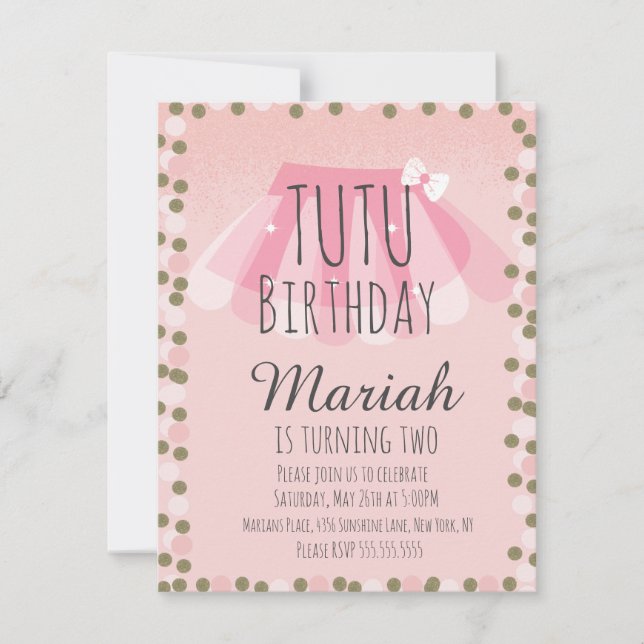 Tutu Girl's Birthday Rosa Faux Glitter Dots Inbjudningar (Framsida)