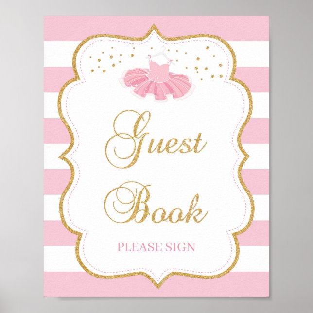 Tutu-klänning gäst bok-skylt, babydusch poster (Framsidan)