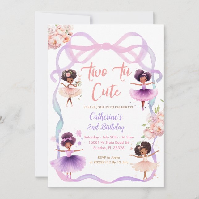 Tutu Lila Bow 2 till Cute 2:a födelsedagen Inbjudningar (Framsida)