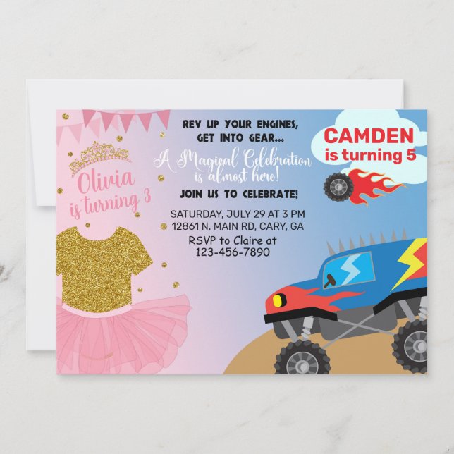 Tutu & Monster lastbil syskon födelsedagsinbjudan. Inbjudningar (Framsida)