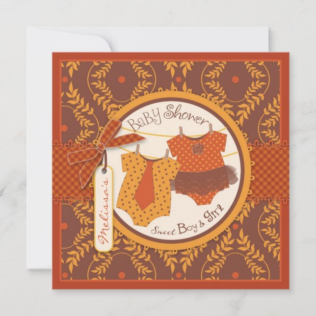 Tutu & Tie & för Vinetwillingar för höst damastast Inbjudningar (Framsida)