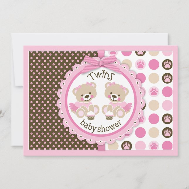 Tutus Baby Shower för tvillingflickor Nallar Inbjudningar (Framsida)