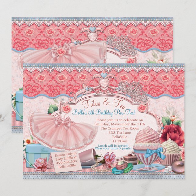 Tutus- och Tea Party Girls-klänning uppåt Inbjudningar (Fram/baksida)
