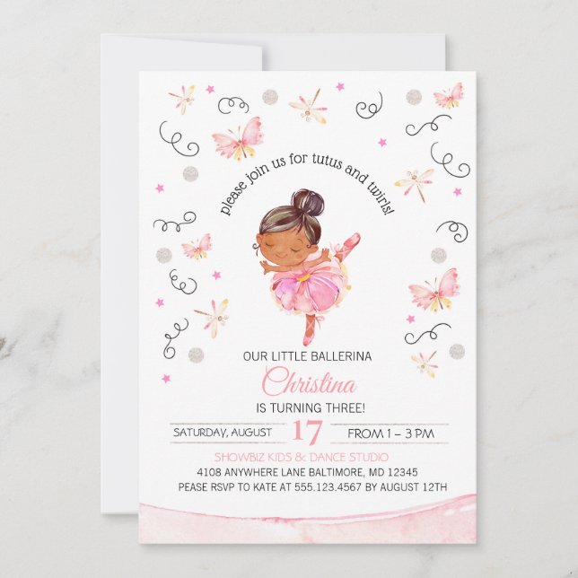 Tutus och Twirls Ballerina födelsedagsinbjudan Inbjudningar (Framsida)