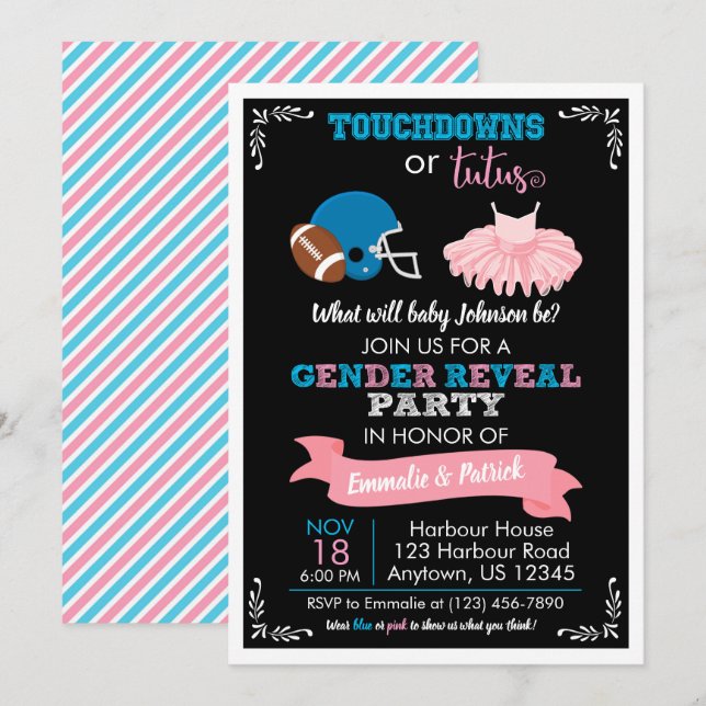 TUUCHDOWNS ELLER TUTUS Gender Reveal Baby Shower Inbjudningar (Fram/baksida)
