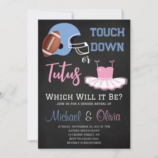 TUUCHDOWNS ELLER TUTUS Gender Reveal Baby Shower Inbjudningar (Framsida)
