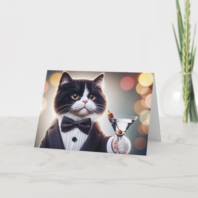 Tuxedo Birthday Cat Martini Cocktail Kort (Framsida)