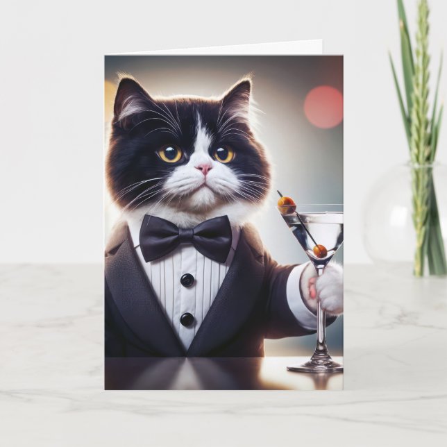 Tuxedo Birthday Cat Martini Cocktail Kort (Framsida)