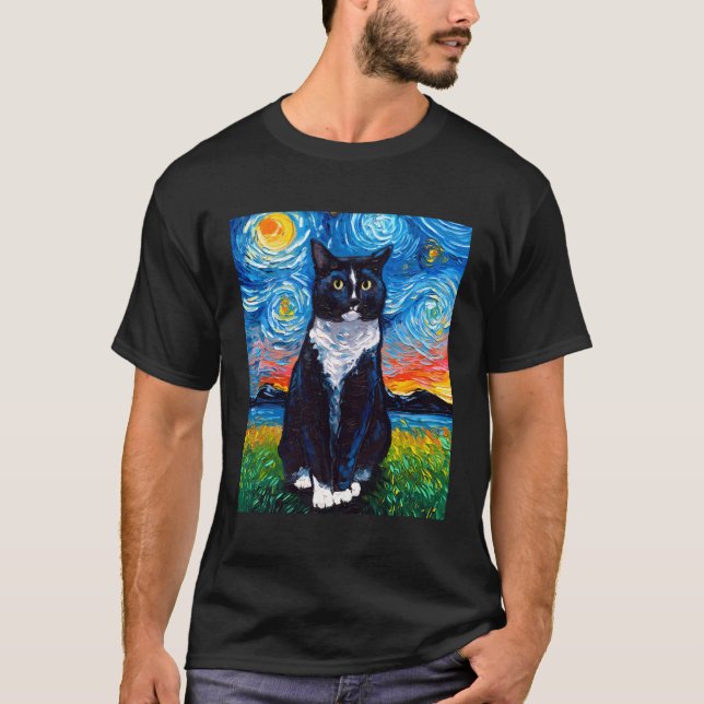 Tuxedo Black and White Cat Starry Natt Art av Aja T Shirt (Framsida)