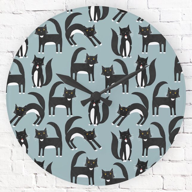 Tuxedo Black and White Cats Rund Klocka (Black and white tuxedo cats on a duck egg blue background.  Fun wall clock for animal lovers.)