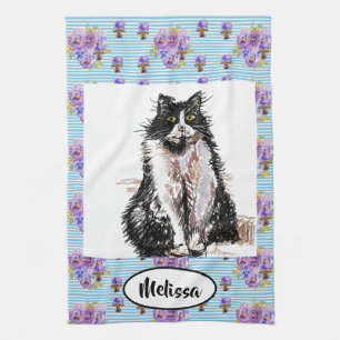 Tuxedo Black White Cat Art Blommigt Dam Namn Kökshandduk