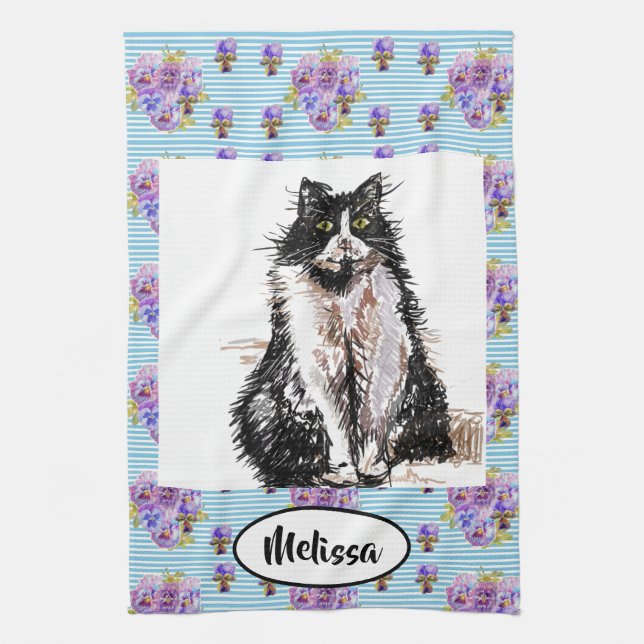 Tuxedo Black White Cat Art Blommigt Dam Namn Kökshandduk (Vertikal)