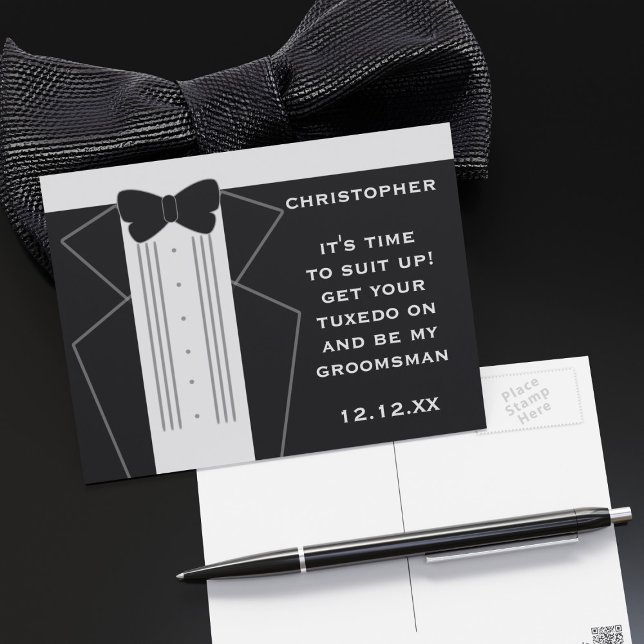 Tuxedo Bröllop Best Man Groomsman-inbjudan Vykort (Suit Up Groomsman! Just add your proposal. I've left the back blank for you to hand write a message)