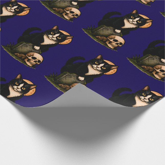 Tuxedo Cat and Skull Cute Gothic Graveyard Design Presentpapper (Hörn)