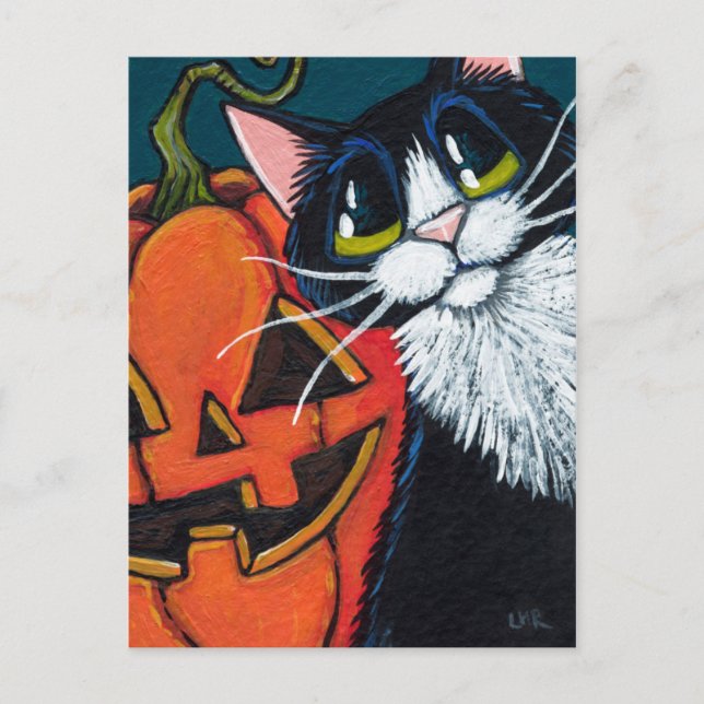 Tuxedo Cat and Smiling Pumpkin Lantern Vykort (Framsida)