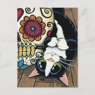 Tuxedo Cat and Sugar Skull Illustration Vykort