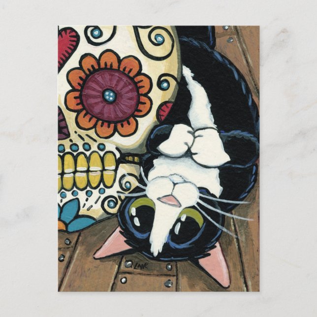 Tuxedo Cat and Sugar Skull Illustration Vykort (Framsida)