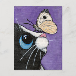 Tuxedo Cat and White Butterfly Painting Vykort
