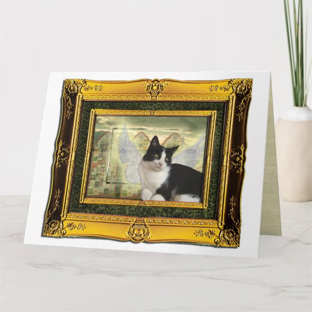 Tuxedo Cat Angel Pet Sympathy Card guld ram Kort (Framsida)