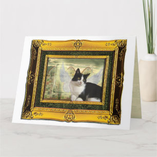Tuxedo Cat Angel Pet Sympathy Card guld ram Kort