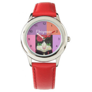 Tuxedo Cat Ansikte Black White Red Namn Armbandsur