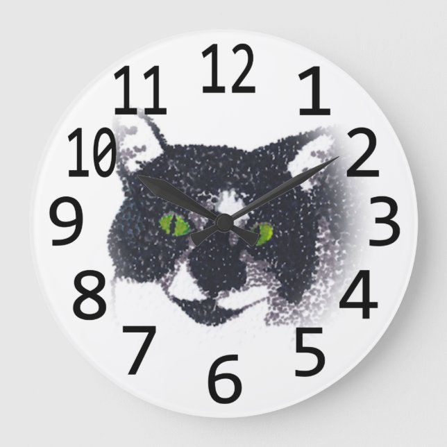 Tuxedo Cat Ansikte Head Pointillism Wall Clocks Stor Klocka (Framsida)