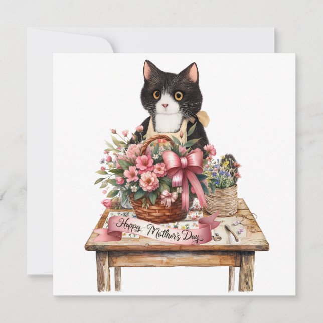 Tuxedo cat arranging flower Mother;s Day  Julkort (Framsida)