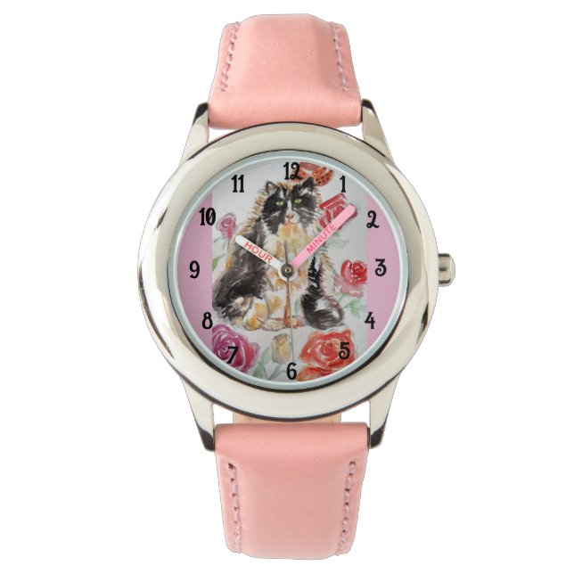 Tuxedo Cat Art Animal Barn Girls Cute Rosa Armbandsur (Framsida)
