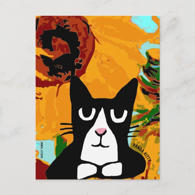 TUXEDO CAT ART & SUNFLOWER PANDA KATTUNGE POSTCARD VYKORT (Framsida)