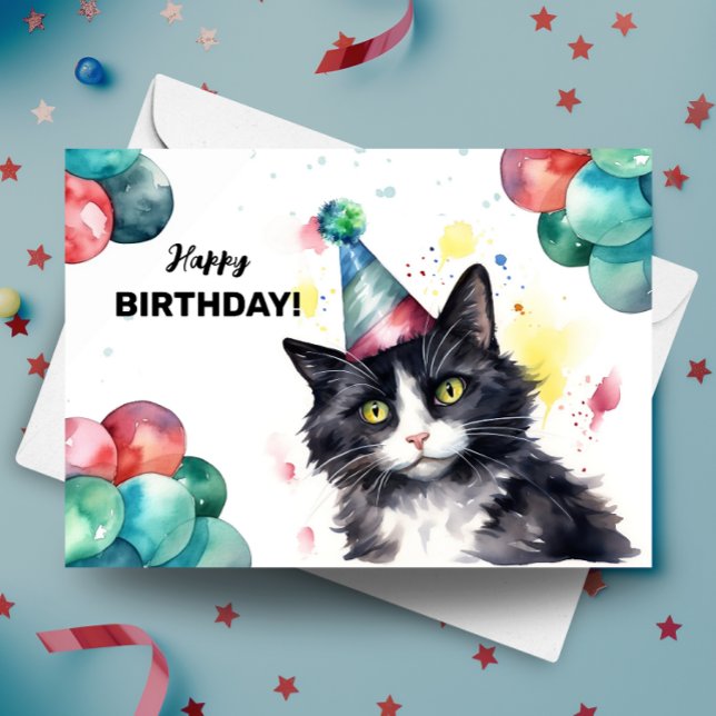 Tuxedo Cat Balloons and Party Hat Grattis på födel Kort (Skapare uppladdad)
