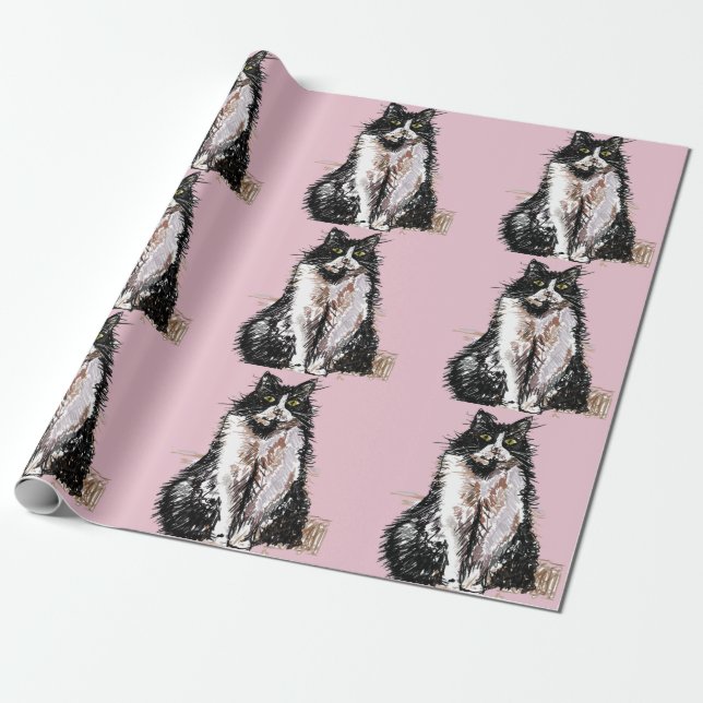 Tuxedo Cat Black and White Cats Baby Rosa Presentpapper (Utrullad)