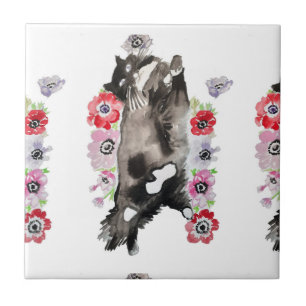 Tuxedo Cat Black and White Cats blommigt rosa Tile Kakelplatta