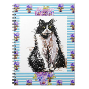 Tuxedo Cat Black and White Cats Girls Blue-Blommig Anteckningsbok