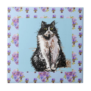 Tuxedo Cat Black and White Cats Lycklig Tile Kakelplatta