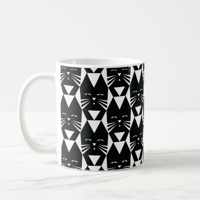 Tuxedo Cat Black och White Geometric Mönster Kaffemugg (Vänster)