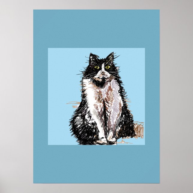 Tuxedo Cat Black White Cats Blue Poster (Framsidan)