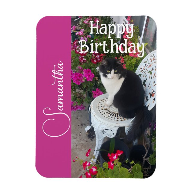 Tuxedo Cat Cats and Flowers Girls Name Birthday Magnet (Vertikal)
