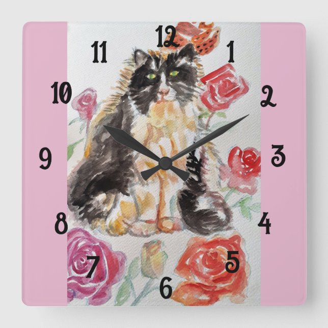 Tuxedo Cat Cats Art Animal Barn Rum Clock Fyrkantig Klocka (Framsida)